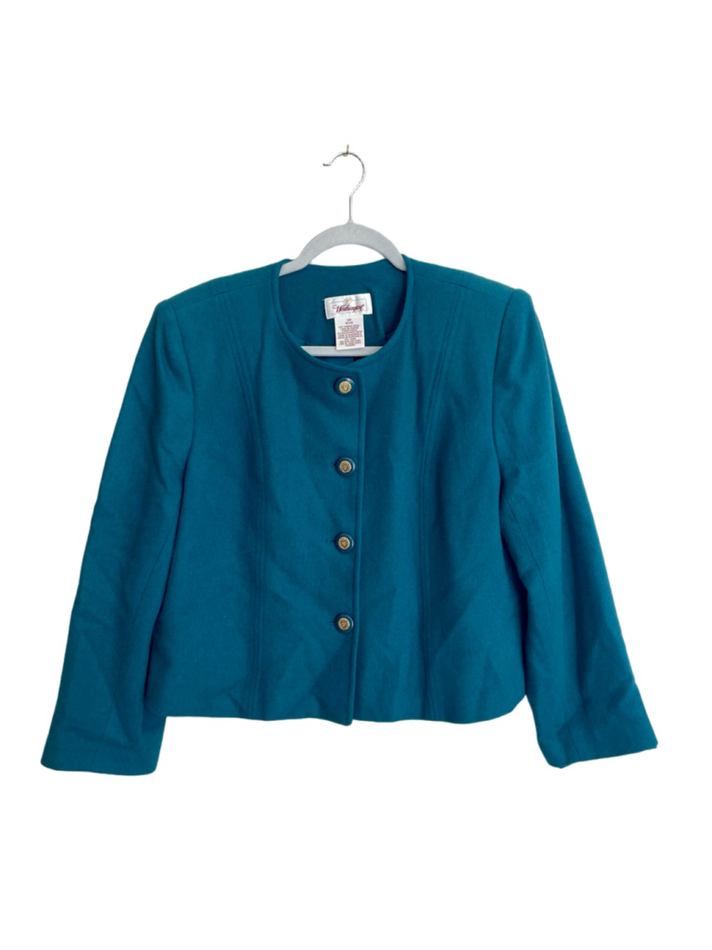 Vintage Worthington 100% Merino Wool Teal Blazer Crest Buttons 14P Petite